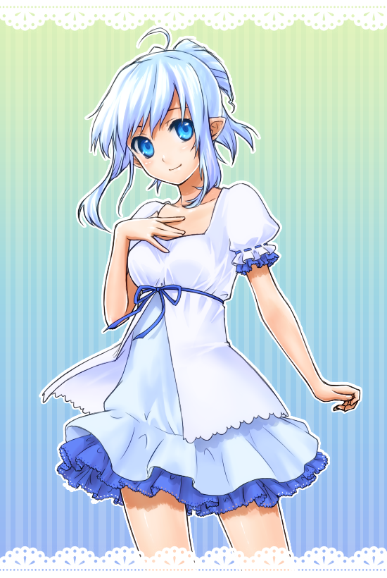 ahoge bad_id bad_pixiv_id bare_legs blue_eyes blue_hair breasts collarbone dress frilled_dress frills hand_on_own_chest irimo light_smile mabinogi medium_breasts pointy_ears short_dress solo