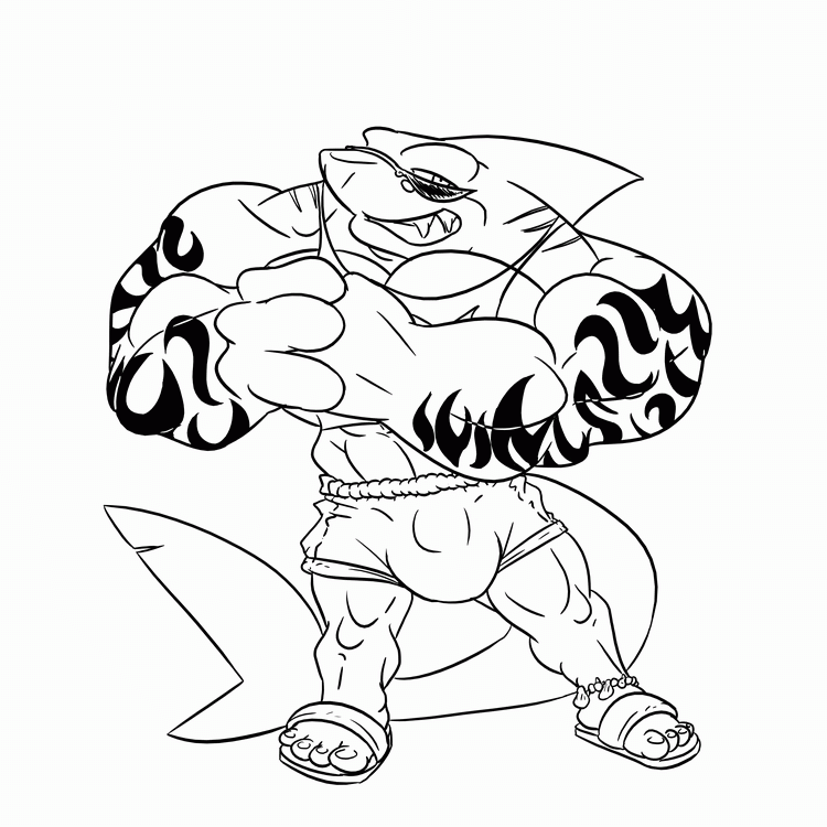 anklet bulge danandnite dorsal_fin fangs fins gills grin looking_at_viewer male marine muscles presenting scalie shark solo standing sunglasses swimsuit tail tattoo