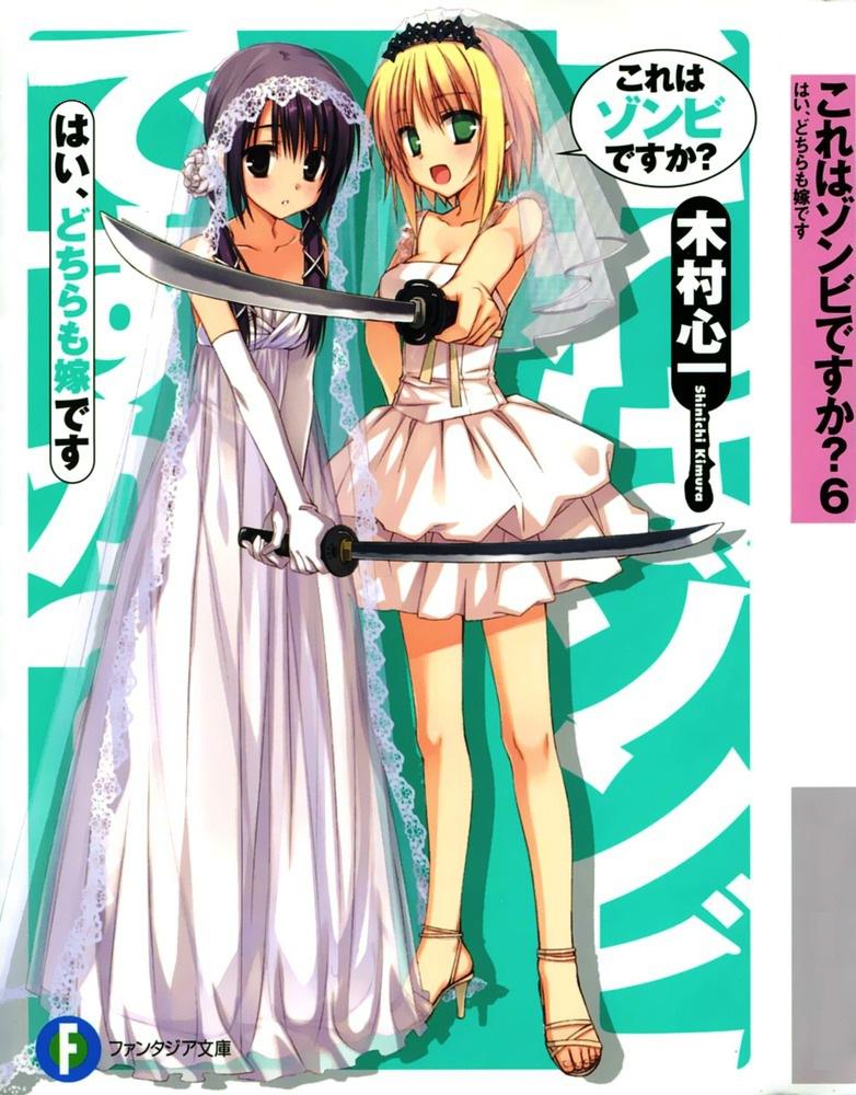 :d dress high_heels hiramatsu_taeko katana kobuichi kore_wa_zombie_desu_ka? multiple_girls muririn non-web_source official_art open_mouth shoes smile sword veil weapon wedding_dress yoshida_yuki