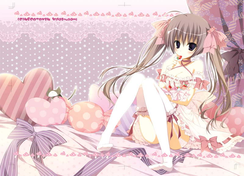 bad_id bad_pixiv_id blue_eyes blush bow breasts brown_hair candy cat cleavage dress eating food fruit garter_straps hair_bow heart heart_pillow inugami_kira original pillow ribbon sitting small_breasts solo strawberry thighhighs twintails white_dress white_legwear