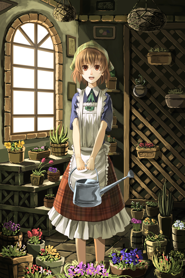 :d bad_id bad_pixiv_id banned_artist brown_eyes brown_hair flower indoors open_mouth original paseri plant potted_plant short_hair smile solo standing window