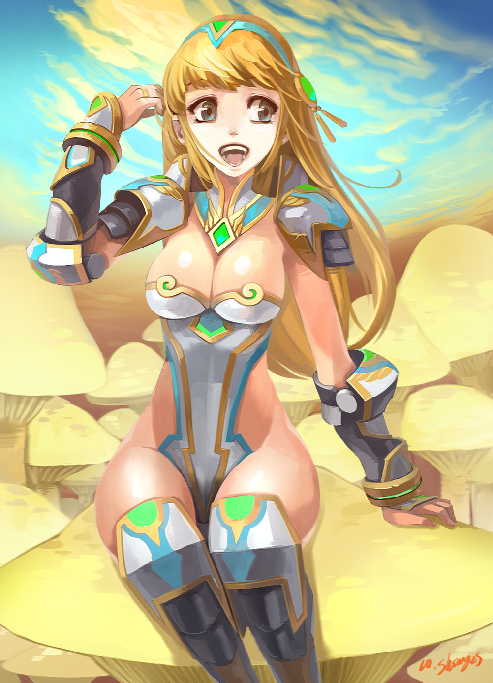 armor blonde_hair boots breasts cleavage copyright_request detached_sleeves green_eyes highleg highleg_leotard highres hips knee_boots large_breasts legs leotard long_hair open_mouth showgus sitting solo thighs wide_hips
