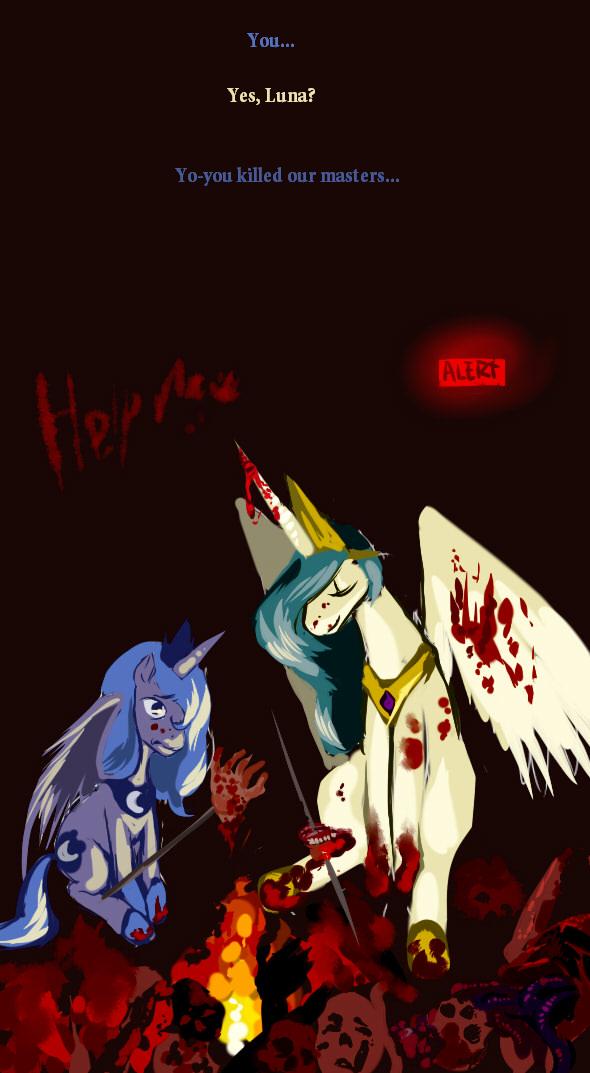 alert blood blood_splatter corpses crown cutie_mark death english_text equine female feral fire friendship_is_magic gore hair hand help_me horn horror horse human jaw male mammal multi-colored_hair my_little_pony polearm pony princess_celestia_(mlp) princess_luna_(mlp) purple_eyes purple_hair rainbow_hair sign spear text unknown_artist warning winged_unicorn wings