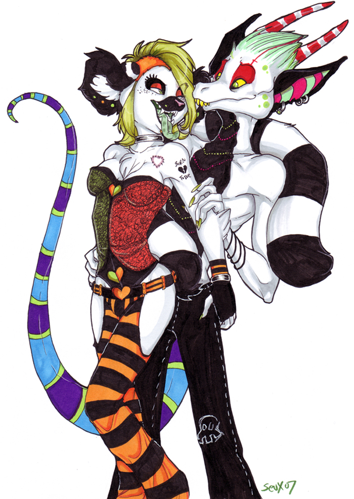 2007 black blonde_hair candyjack choker couple dragon female goth green_hair green_tongue hair holly_massey horns lemur looking_at_each_other male piercing scalie straight striped_tail tail tattoo teeth tongue white white_background zeriara_(character)