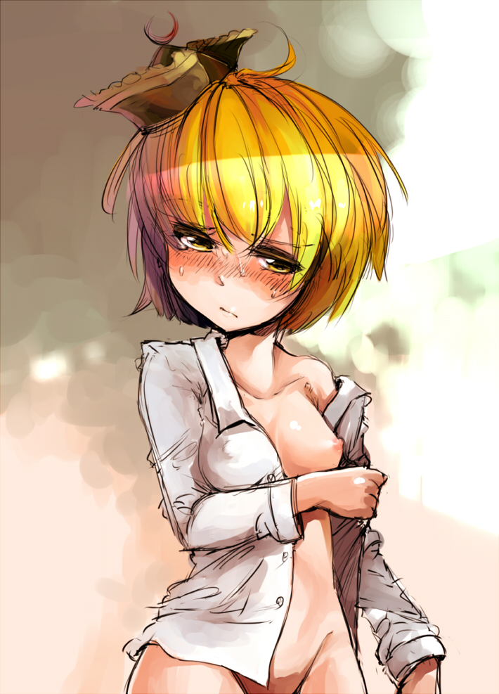 bare_shoulders blonde_hair blush bottomless breasts dress_shirt embarrassed face groin harusame_(unmei_no_ikasumi) hat lunasa_prismriver medium_breasts naked_shirt nipples no_bra off_shoulder open_clothes open_shirt shirt short_hair sketch solo touhou undressing white_shirt yellow_eyes