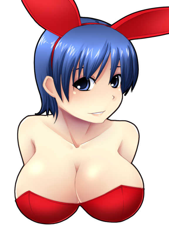 animal_ears bare_shoulders blue_eyes blue_hair breasts bunny_ears bunny_girl bunnygirl cleavage female large_breasts nokoppa short_hair simple_background smile solo white_background