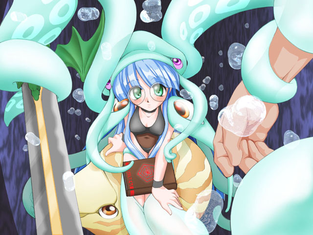 book breasts bubbles clothed collar female glasses shell squid sword tentacles unknown_artist weapon