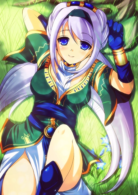 arm_behind_back avril_vent_fleur belt blue_eyes boots breasts choker enoo flower gloves grass green_hairband green_shirt hairband jewelry large_breasts long_hair lying shirt sidelocks smile solo twintails white_hair wild_arms wild_arms_5 wrist_cuffs