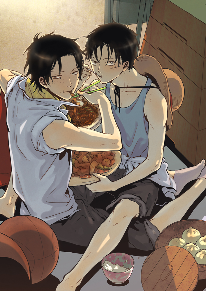 baozi basketball black_eyes black_hair blue_eyes bowl chopsticks collarbone eating egg food hat hat_removed headwear_removed monkey_d_luffy multiple_boys noodles one_piece plate portgas_d_ace rice rice_bowl scar sitting sitting_on_person sleeves_rolled_up straw_hat tank_top vaulting_horse yooani
