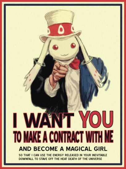 hat i_want_you kyubey lord_(tvtropes) mahou_shoujo_madoka_magica make_a_contract no_humans parody pointing poster propaganda red_eyes solo spoilers text_focus top_hat uncle_sam