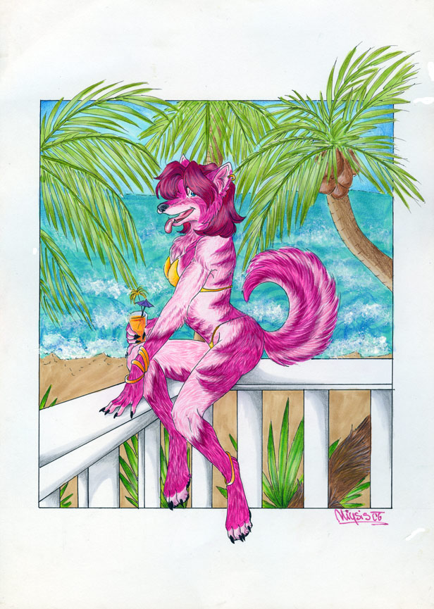 balcony beach bikini canine dog drink female miysis pink seaside skimpy solo tropical