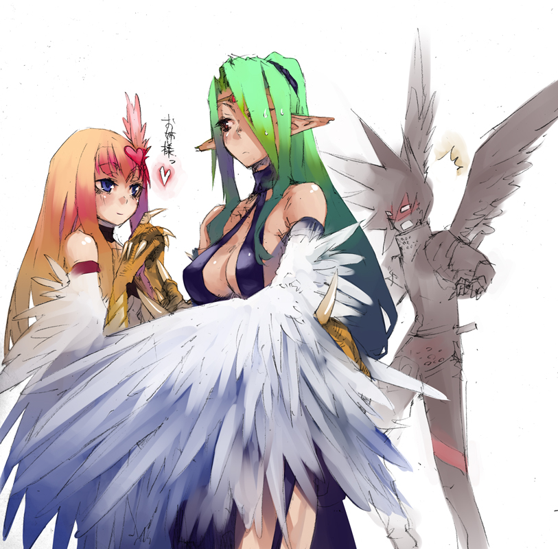 1boy 2girls bad_id bad_pixiv_id bare_shoulders blonde_hair blue_eyes breasts cleavage crossed_arms duel_monster feathered_wings feathers green_hair hair_ornament hair_over_one_eye halterneck hands_together harpie_girl harpie_queen harpy heart heart_hair_ornament ikuhana_niiro large_breasts long_hair mask monster_girl multiple_girls pointy_ears ponytail purple_eyes sky_scout sweatdrop talons translated wings yuu-gi-ou yuu-gi-ou_gx