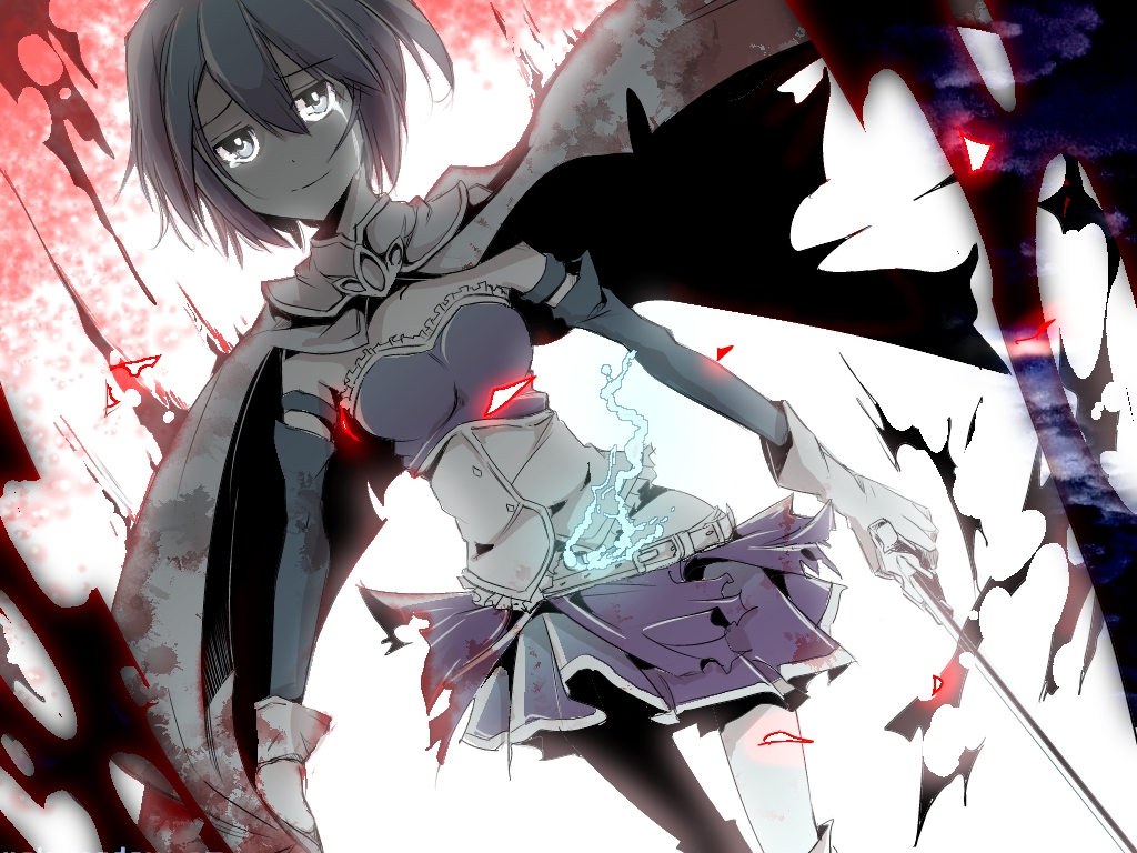 bad_id bad_pixiv_id belt blue_eyes cape dutch_angle gloves magical_girl mahou_shoujo_madoka_magica miki_sayaka short_hair smile solo sword tears thighhighs torn_clothes weapon white_gloves witch's_labyrinth zen_o
