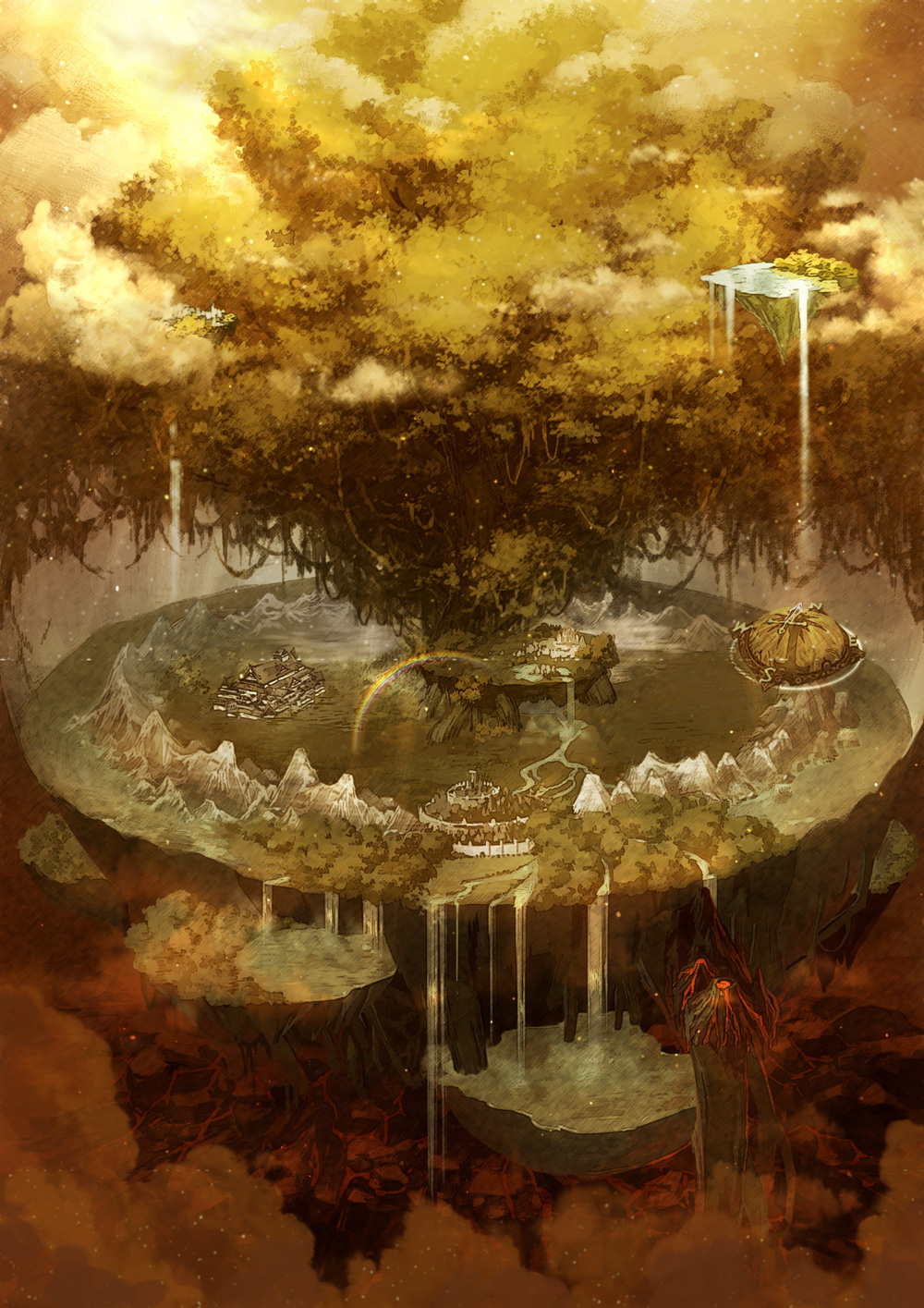 bad_pixiv_id copyright_request fantasy floating_island highres no_humans rainbow scenery sky star_(sky) starry_sky tree volcano water waterfall yggdrasil yuanmaru