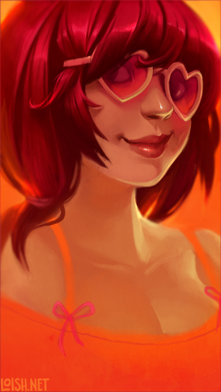 bangs breasts cleavage collarbone copyright_request face heart heart-shaped_eyewear lips lipstick loish looking_at_viewer makeup medium_breasts red_hair smile solo upper_body watermark