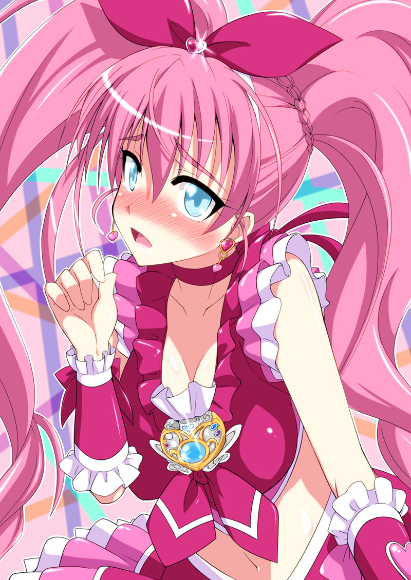 blue_eyes blush bow breasts brooch choker cure_melody earrings eyelashes heart houjou_hibiki jewelry large_breasts long_hair magical_girl midriff mikagami_sou navel pink_bow pink_choker pink_hair precure skirt solo suite_precure twintails very_long_hair wrist_cuffs
