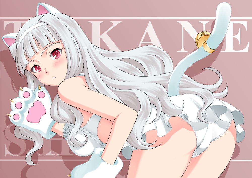 animal_ears ass bikini blush breasts cat_ears cat_tail grey_hair hairband idolmaster idolmaster_(classic) idolmaster_2 large_breasts long_hair nokia_(harusion) open_mouth paws red_eyes shijou_takane solo swimsuit tail