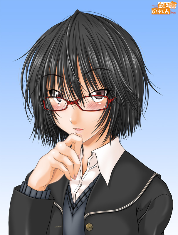 amagami aoi_chihiro bespectacled black_hair brown_eyes glasses nanasaki_ai school_uniform short_hair solo