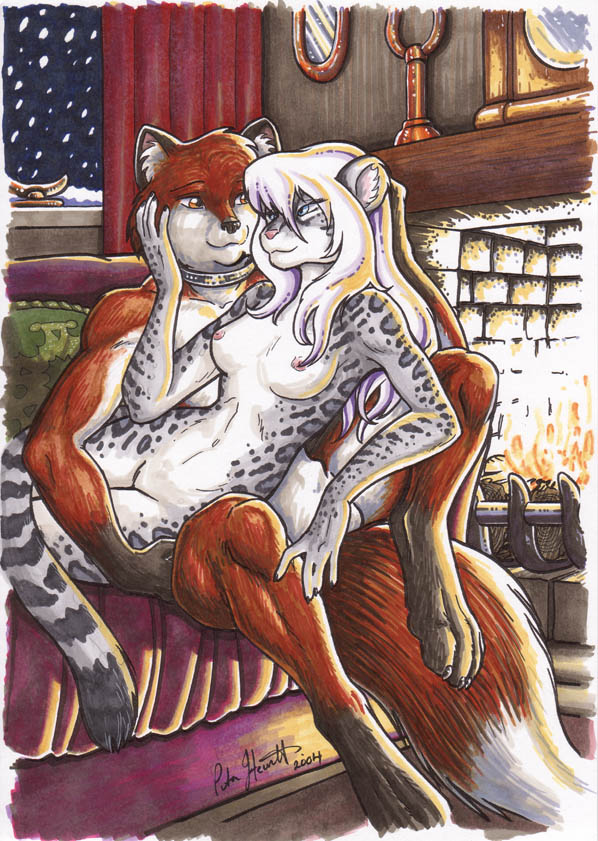 canine collar couple feline female fire firelight fox indoors male nude peta_hewitt snow_leopard winter
