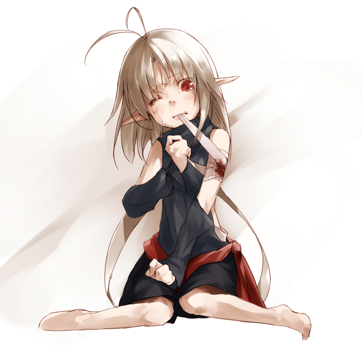 antenna_hair bandages barefoot blood detached_sleeves injury junwool mouth_hold one_eye_closed pixiv_fantasia pixiv_fantasia_5 pointy_ears red_eyes sash short_hair shorts silver_hair sitting solo tears wariza wince