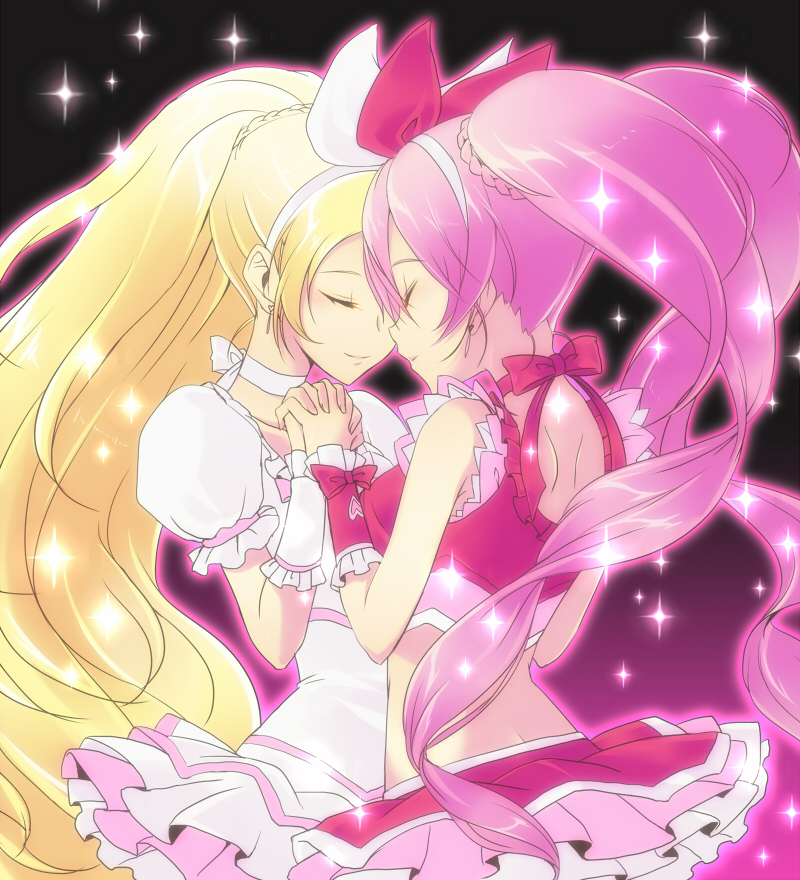 blonde_hair bow choker closed_eyes cure_melody cure_rhythm earrings face-to-face forehead-to-forehead hairband holding_hands houjou_hibiki jewelry koikawa_minoru long_hair magical_girl minamino_kanade multiple_girls pink_bow pink_choker pink_hair ponytail precure sparkle suite_precure twintails white_choker wristband
