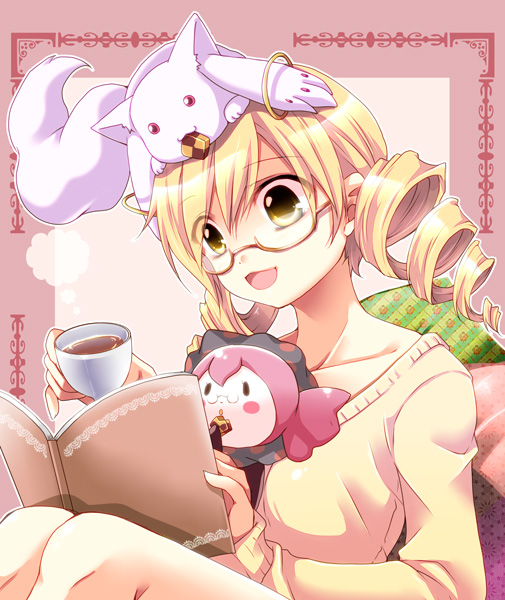 alternate_costume bespectacled black_tea blonde_hair blush_stickers book casual charlotte_(madoka_magica) checkerboard_cookie collarbone cookie cup drill_hair eating food glasses kyubey mahou_shoujo_madoka_magica mouth_hold object_on_head open_mouth pince-nez reading semi-rimless_eyewear takitsume_shino tea teacup tomoe_mami twin_drills twintails under-rim_eyewear yellow_eyes