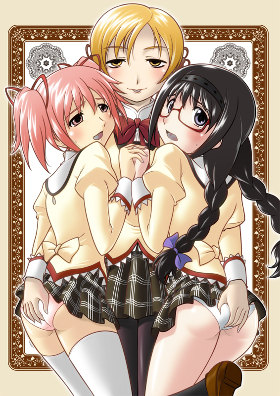 akemi_homura ass ass_grab black_hair blonde_hair blush drill_hair hairband harada_shoutarou kaname_madoka long_hair mahou_shoujo_madoka_magica multiple_girls pantyhose pink_eyes pink_hair purple_eyes school_uniform short_hair thighhighs tomoe_mami twin_drills twintails yuri