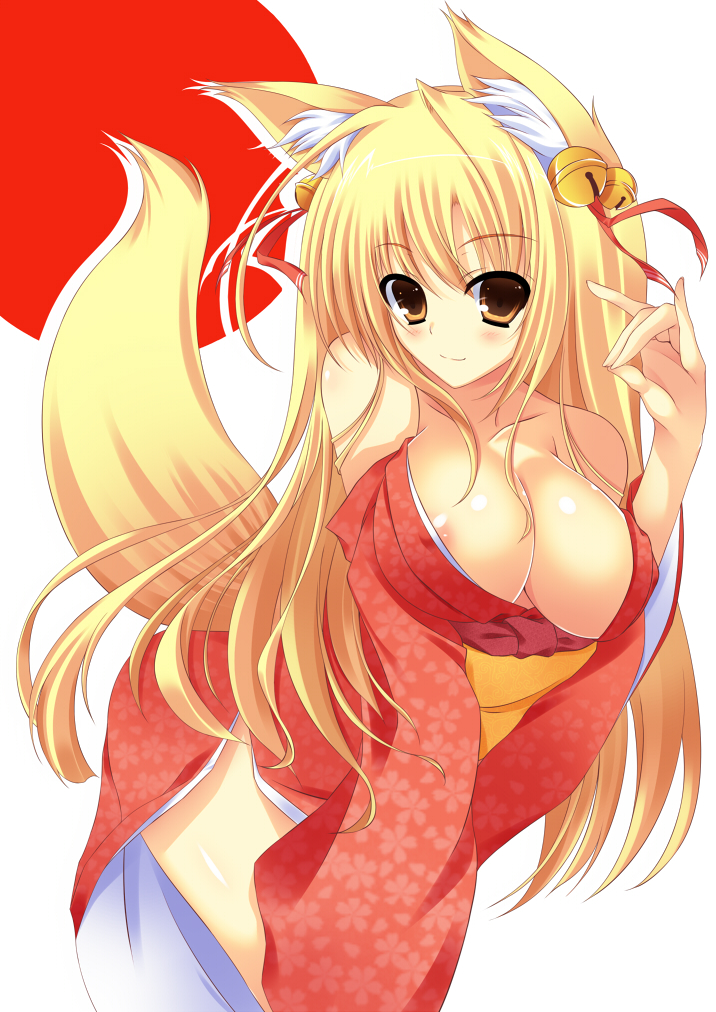 animal_ears areola_slip areolae bare_shoulders bell blonde_hair blush breasts cleavage fox_ears fox_tail hair_ribbon hand_gesture japanese_clothes jingle_bell kimono large_breasts leaning_forward long_hair looking_at_viewer no_bra off_shoulder original ribbon smile solo tail watanuki_kaname yellow_eyes