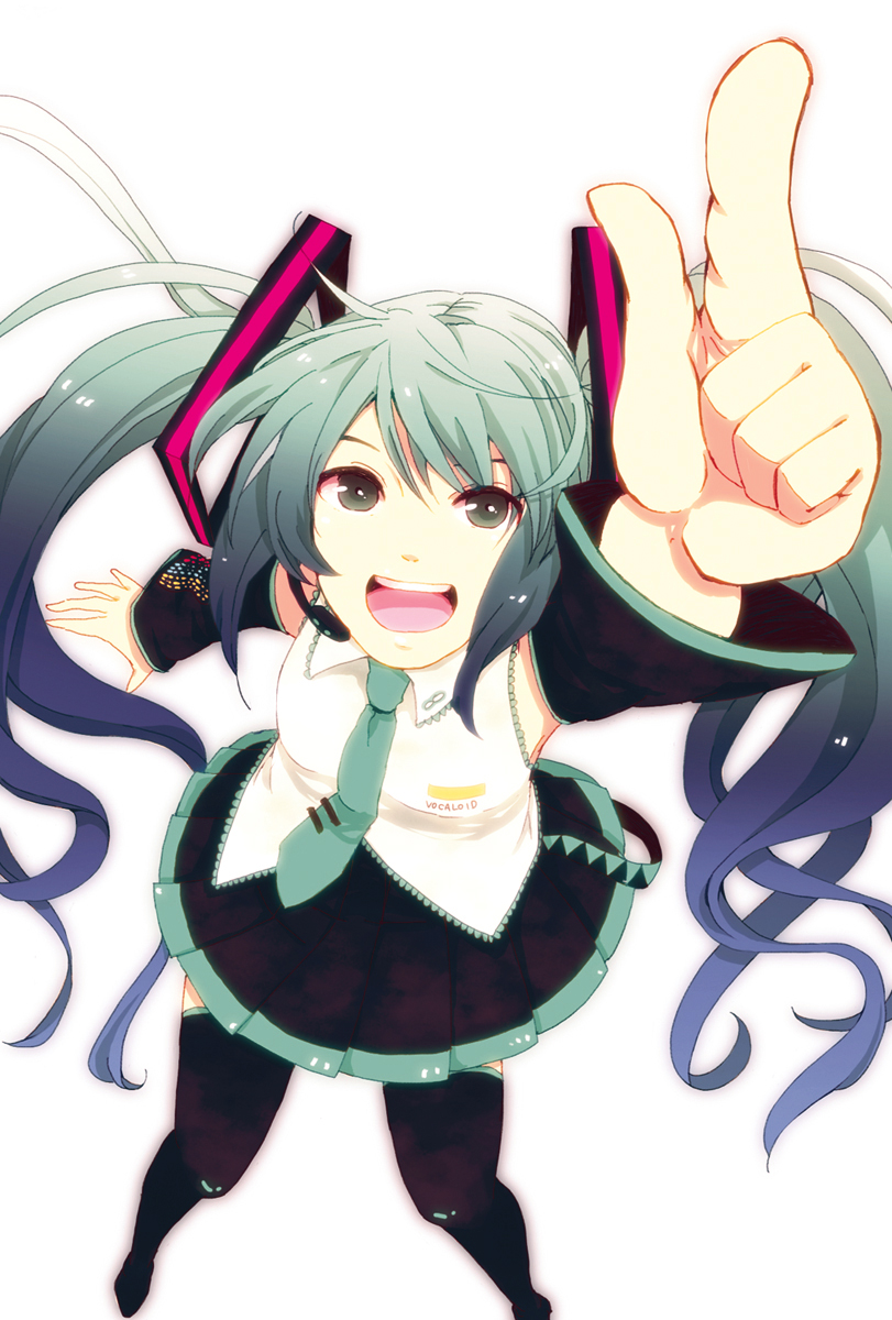 detached_sleeves foreshortening from_above green_eyes green_hair hatsune_miku headset highres koike_(coikekke) long_hair necktie open_mouth pointing simple_background skirt solo thighhighs twintails very_long_hair vocaloid