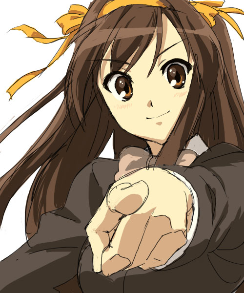 alternate_costume alternate_hairstyle brown_eyes brown_hair face foreshortening hair_ribbon hands kouyouen_academy_uniform long_hair orie pointing ribbon school_uniform solo suzumiya_haruhi suzumiya_haruhi_no_shoushitsu suzumiya_haruhi_no_yuuutsu