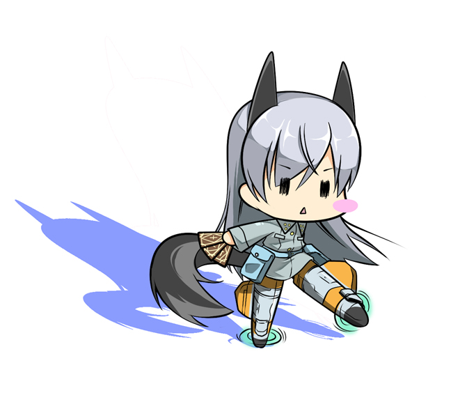 animal_ears bad_id bad_pixiv_id blush_stickers chibi eila_ilmatar_juutilainen grey_hair hajime_(kin'you_club) long_hair shadow simple_background solo strike_witches striker_unit tail world_witches_series |_|
