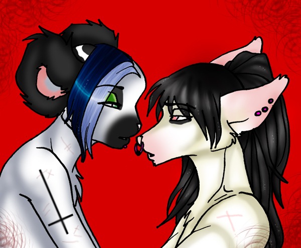 &dagger; black black_hair blue_hair canine couple crossgender emo glam hair half-closed_eyes holding holly_massey inverted_cross jewelry lemur lip_piercing long_hair looking_at_each_other makeup male nose_piercing nose_ring nude piercing ponytail scar short_hair twiggish unknown_species white zeriara_(character)