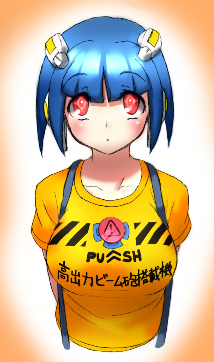 aouma bad_id bad_pixiv_id blue_hair blush breasts casual dream_c_club dream_c_club_(series) face highres ili_(dream_c_club) large_breasts red_eyes shirt short_hair solo suspenders symbol-shaped_pupils taut_clothes taut_shirt translated