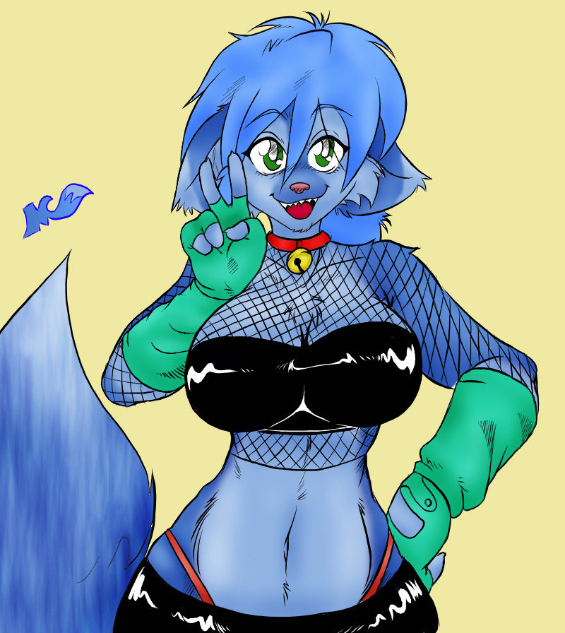 arms bent_arm big_breasts blue blue_hair breasts chest_tuft clothed clothing collaboration collar colored ears feline female fingerless_gloves fishnet fur fur_tuft gesture gloves green_eyes hair hand_on_hip kilika mammal midriff navel panty_peek peace plain_background pointed_ears pointy_ears sign signature skidd skimpy solo standing tail thong tongue tuft v_sign wide_hips yellow yellow_background