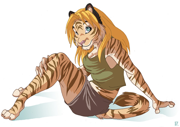 blonde_hair cute feline female hair half_curled_up lobby sitting solo tiger