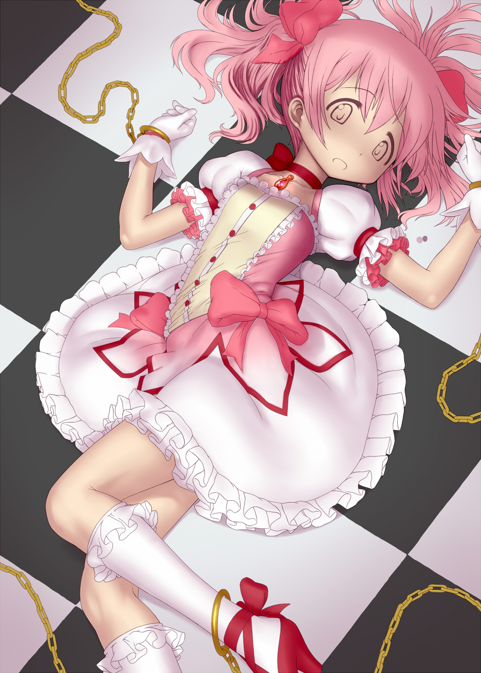 ankle_cuffs bdsm bondage bound bubble_skirt chain chained checkered checkered_floor choker cuffs empty_eyes gloves gochou_(kedama) highres kaname_madoka lying magical_girl mahou_shoujo_madoka_magica on_back on_floor open_mouth pink_hair puffy_sleeves red_choker shoe_ribbon shoes short_twintails skirt solo twintails white_gloves work_in_progress