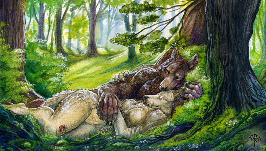 alectorfencer breasts canine eyes_closed female forest male nude outside straight tree wolf