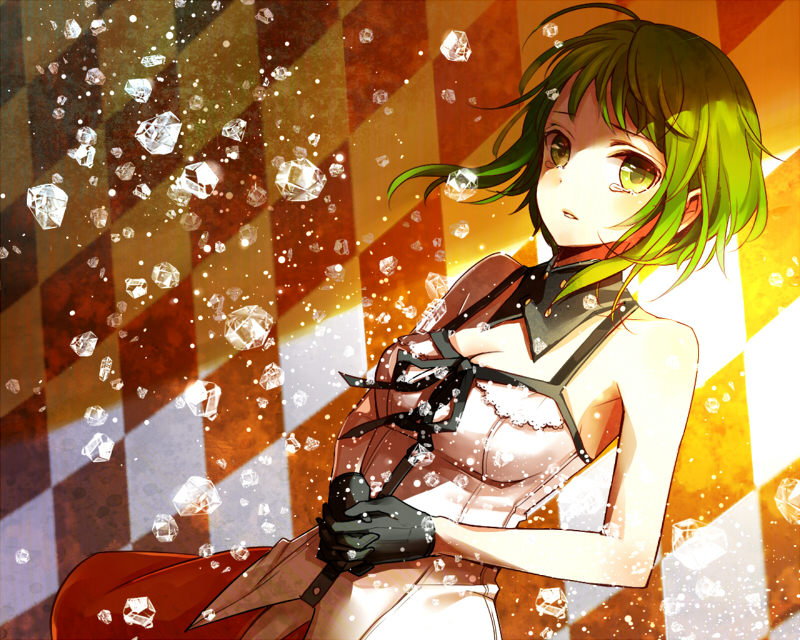 ahoge argyle argyle_background bare_shoulders black_gloves breasts cleavage crystal detached_collar diamond dutch_angle gloves green_eyes green_hair gumi hands_clasped looking_at_viewer medium_breasts own_hands_together short_hair sleeveless solo tears uso_to_diamond_(vocaloid) vocaloid yuzuki_kihiro