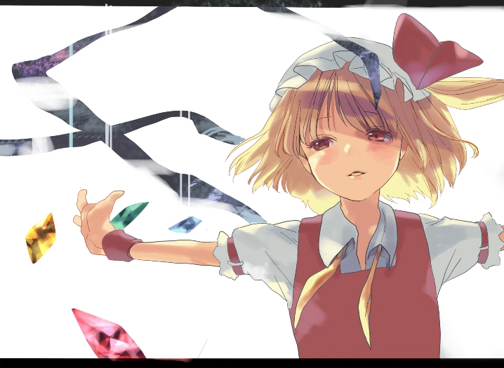 bad_id bad_pixiv_id flandre_scarlet hat letterboxed nove_(legge) outstretched_arms red_eyes short_hair side_ponytail solo spread_arms touhou upper_body wings wristband