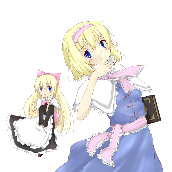 alice_margatroid blonde_hair blue_eyes blush book hands_together katanakko_daisuki open_mouth own_hands_together shanghai_doll short_hair simple_background smile solo touhou