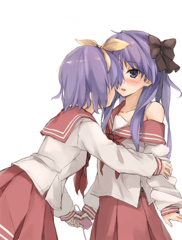 bare_shoulders blue_eyes blush bow collarbone eye_contact hair_bow hair_ribbon hiiragi_kagami hiiragi_tsukasa incest long_hair looking_at_another lucky_star multiple_girls nervous off_shoulder open_mouth pink_neckwear pleated_skirt purple_hair remote_control_vibrator ribbon ryouou_school_uniform school_uniform serafuku short_hair siblings simple_background sisters skirt tears twincest twins twintails undressing vibrator xiao_qiang_(overseas) yellow_bow yuri