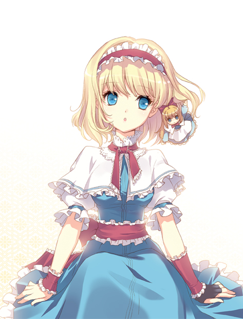:p alice_margatroid bad_id bad_pixiv_id blonde_hair bloom blue_eyes capelet detached_collar doll embellished_costume fingerless_gloves frills gloves hairband shanghai_doll shirahane_nao short_hair single_glove sitting solo tongue tongue_out touhou white_capelet wrist_cuffs