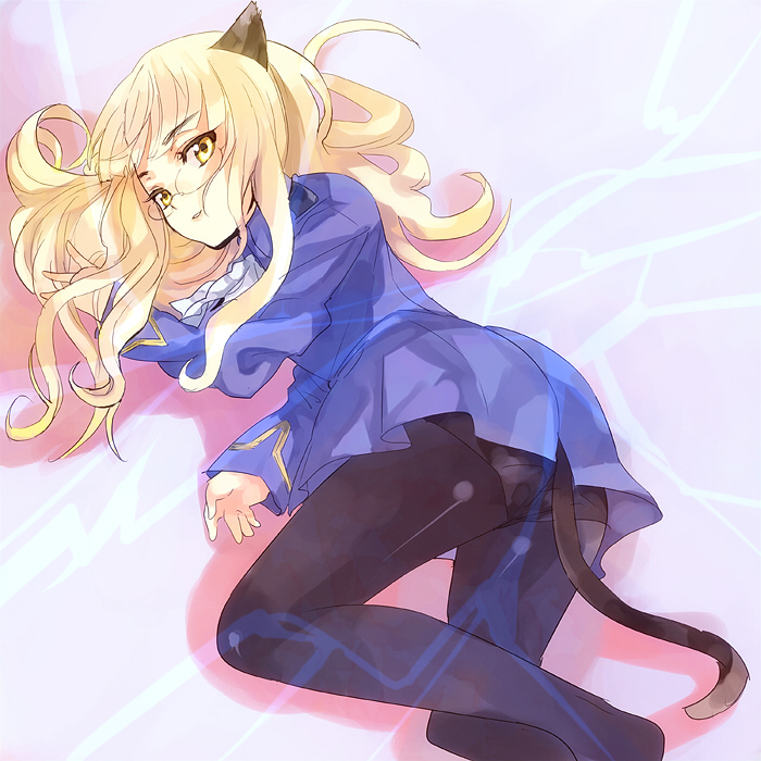 animal_ears blonde_hair cat_ears glasses long_hair lying military military_uniform mochako_(motyako) on_side panties panties_under_pantyhose pantyhose perrine_h_clostermann solo strike_witches tail underwear uniform world_witches_series yellow_eyes