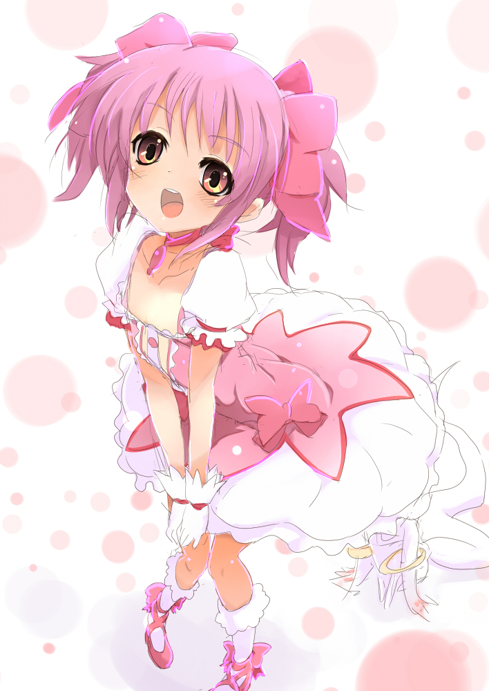 :d blush bow bubble_skirt choker collarbone dress flat_chest foreshortening gloves hair_bow hands_on_own_knees implied_pantyshot kaname_madoka kyubey magical_girl mahou_shoujo_madoka_magica open_mouth pink_bow pink_eyes pink_hair puffy_sleeves red_choker shoes short_hair short_twintails skirt smile sora_to_umi twintails