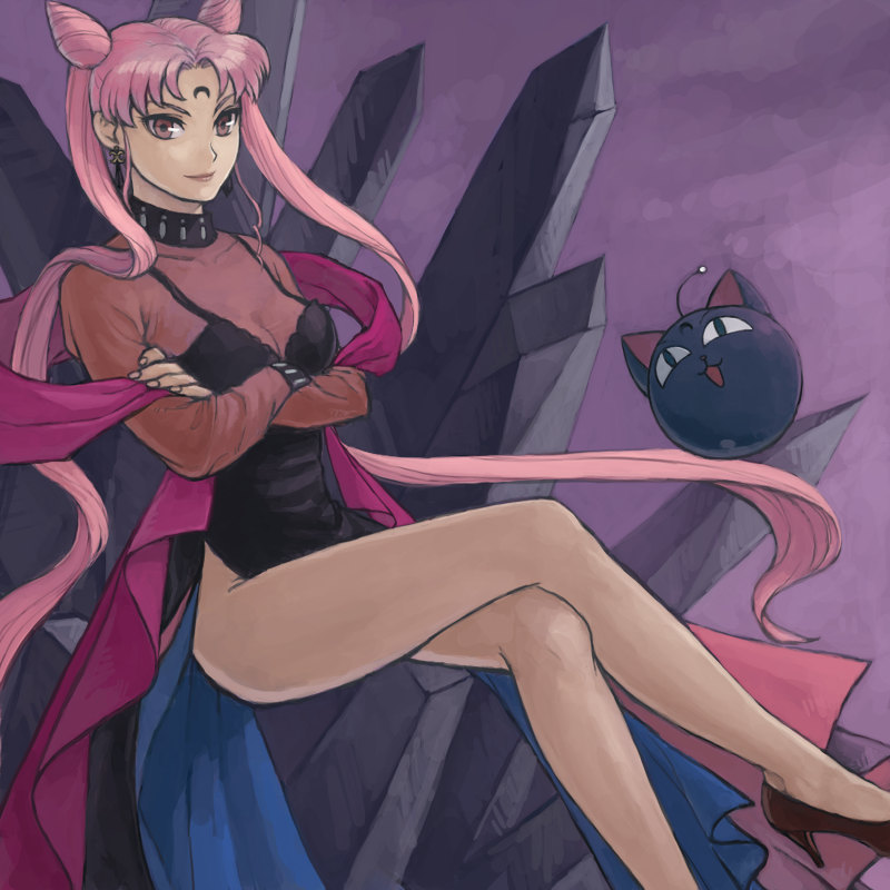 bad_id bad_pixiv_id bishoujo_senshi_sailor_moon black_lady chibi_usa crescent crossed_arms crossed_legs crystal crystal_earrings double_bun earrings facial_mark forehead_mark high_heels jewelry legs long_hair long_legs luna-p mukuo older pink_eyes pink_hair shawl shoes side_slit sitting solo thighs twintails