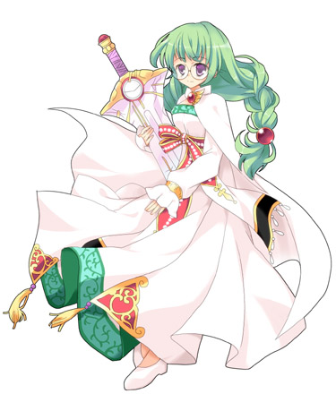 bow braid brooch cape dress full_body glasses green_hair hair_ornament hairpin jewelry katachi_yumiyuri long_hair lowres philia_felice ponytail purple_eyes ribbon round_eyewear shoes simple_background solo sword tales_of_(series) tales_of_destiny weapon white_background white_dress