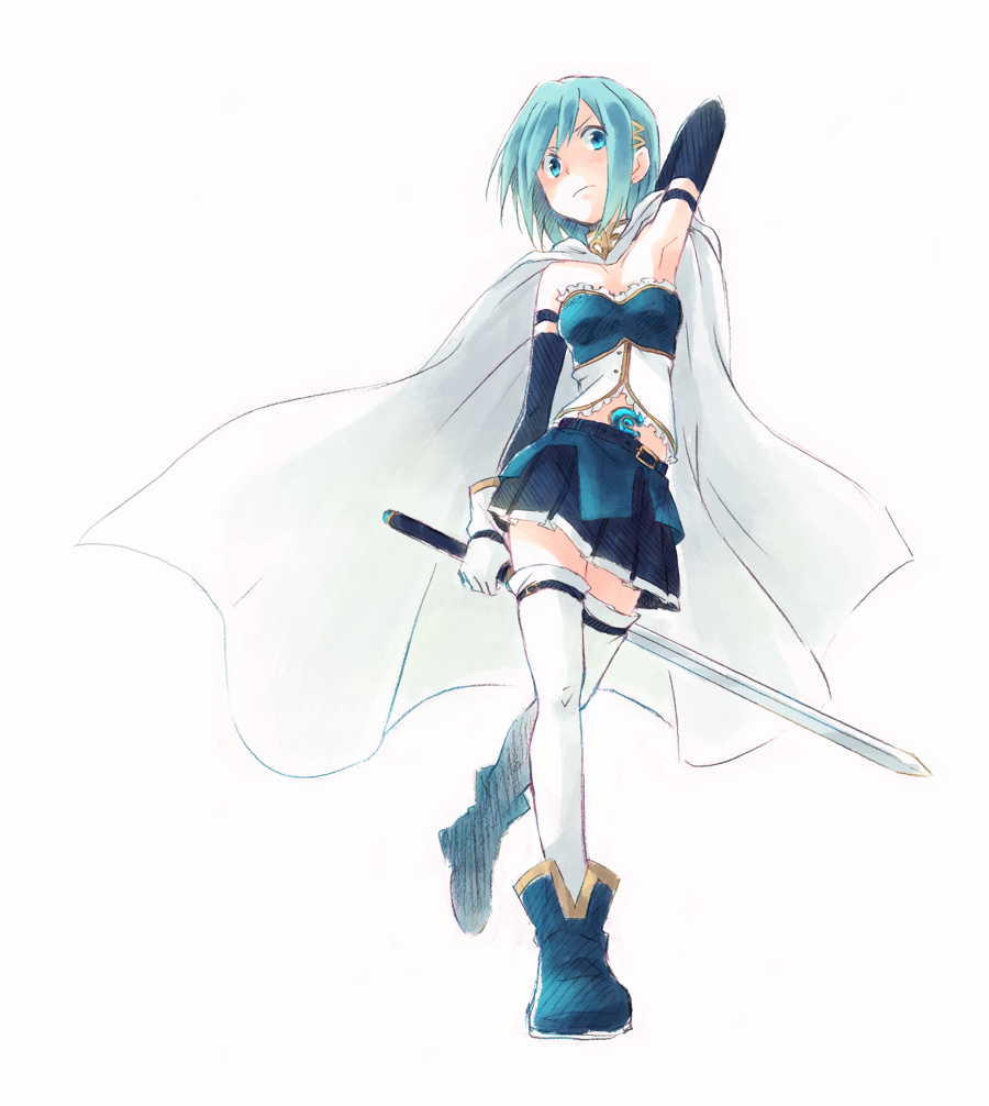 armpits bad_id bad_pixiv_id blue_eyes blue_hair cape detached_sleeves gloves hair_ornament hairclip mahou_shoujo_madoka_magica miki_sayaka short_hair skirt solo sword takeluuu thighhighs weapon zettai_ryouiki