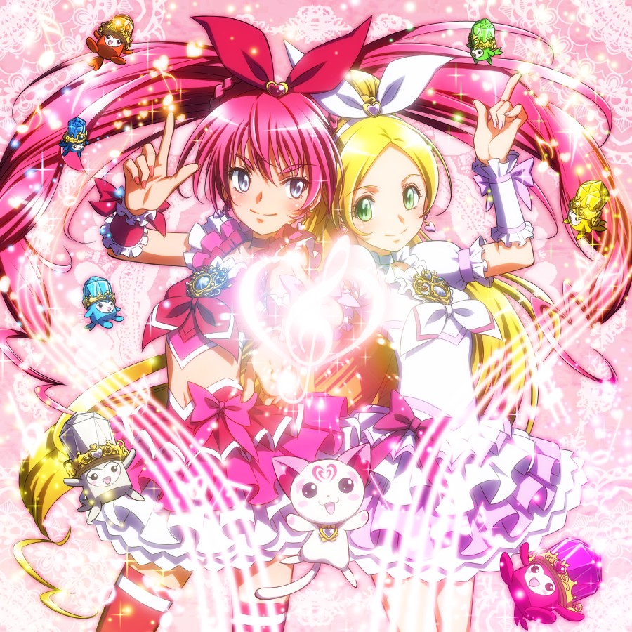 blonde_hair blue_eyes bow choker cure_melody cure_rhythm detached_sleeves dory eighth_note eyelashes fairy_tone fary frills green_eyes houjou_hibiki hummy_(suite_precure) lary magical_girl midriff minamino_kanade miry multiple_girls musical_note navel pink_bow pink_hair precure quarter_note rery sharp_sign sixteenth_note sokobe_hiyori sory staff_(music) suite_precure thighhighs tiry twintails white_choker