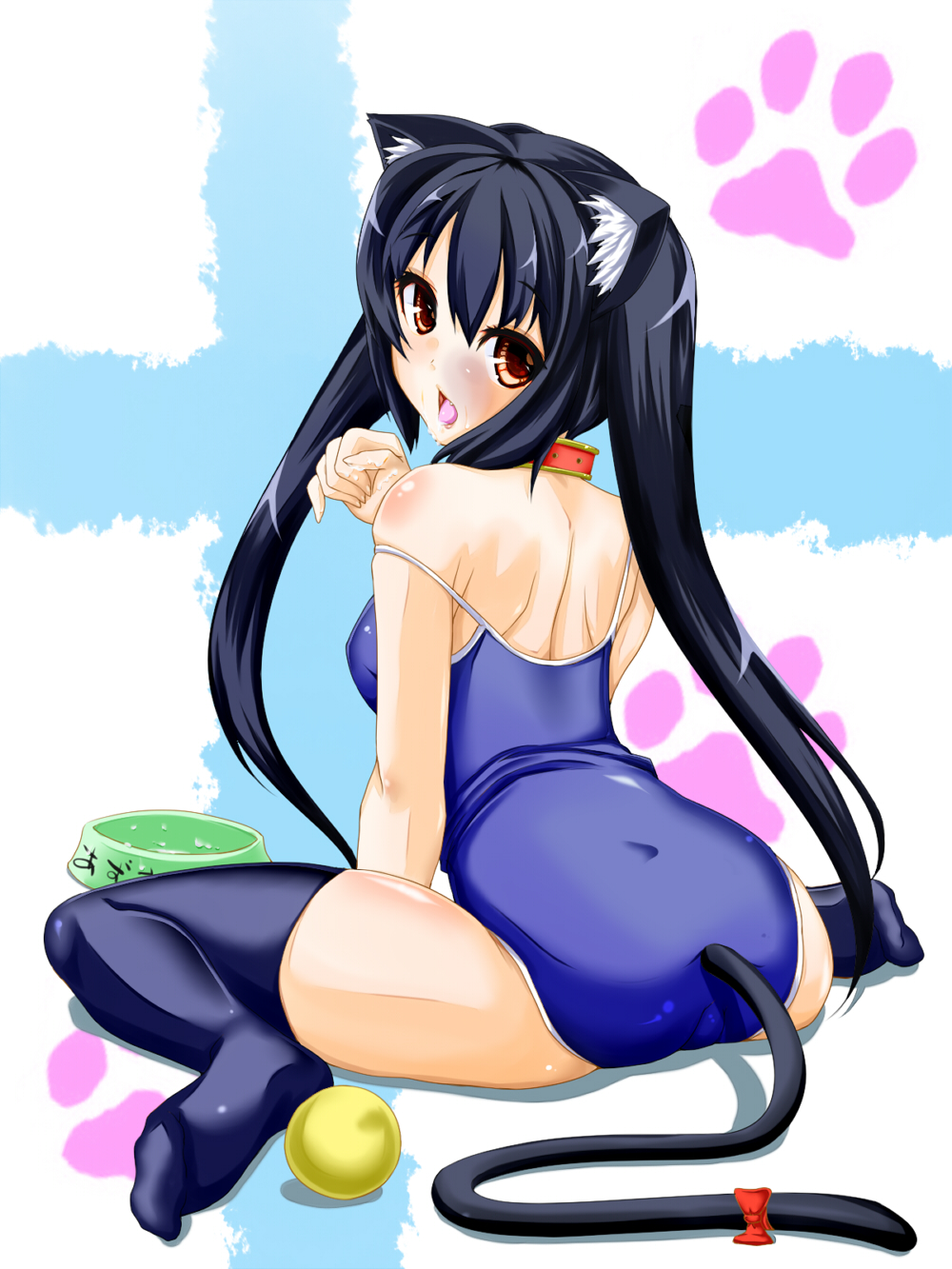 animal_ears black_hair cat_ears highres k-on! kaizuka long_hair looking_back milk nakano_azusa one-piece_swimsuit red_eyes school_swimsuit solo strap_slip swimsuit tail thighhighs twintails