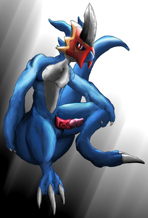 armor armored blue digimon dragon erection flamedramon flamey penis red_eyes scalie solo